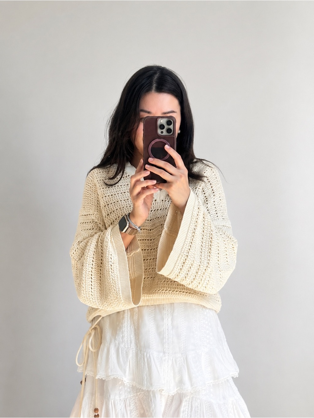 Petite Studio Cream Crochet Bell Sleeve Pullover